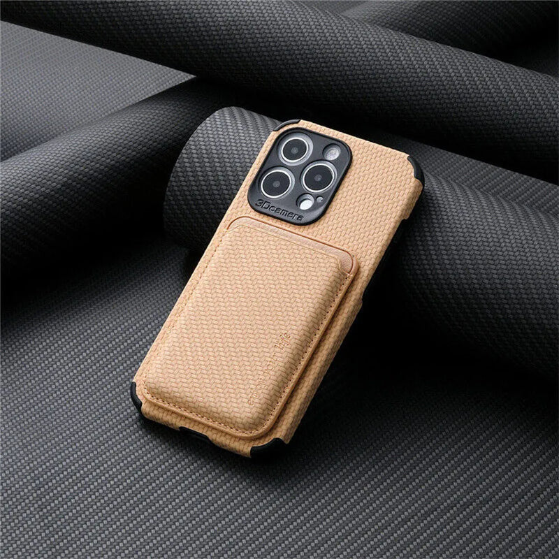 Beige woven-texture case with the magnetic card wallet attached, leaning on rolled dark fabric 6