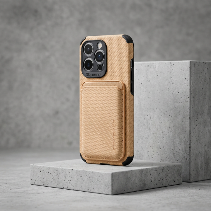 Beige woven-texture case with card pocket and black corner bumpers, standing on grey concrete blocks 3
