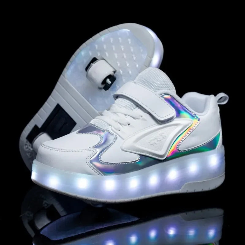Children's roller skates with LED lights and removable wheels.
