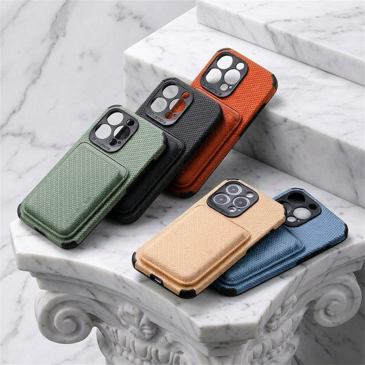 Five phone cases in green, black, orange, tan and blue resting on marble steps 2