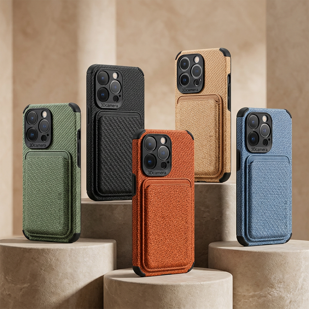 Five woven-texture wallet cases in green, black, orange, tan and blue standing on beige stone plinths 1