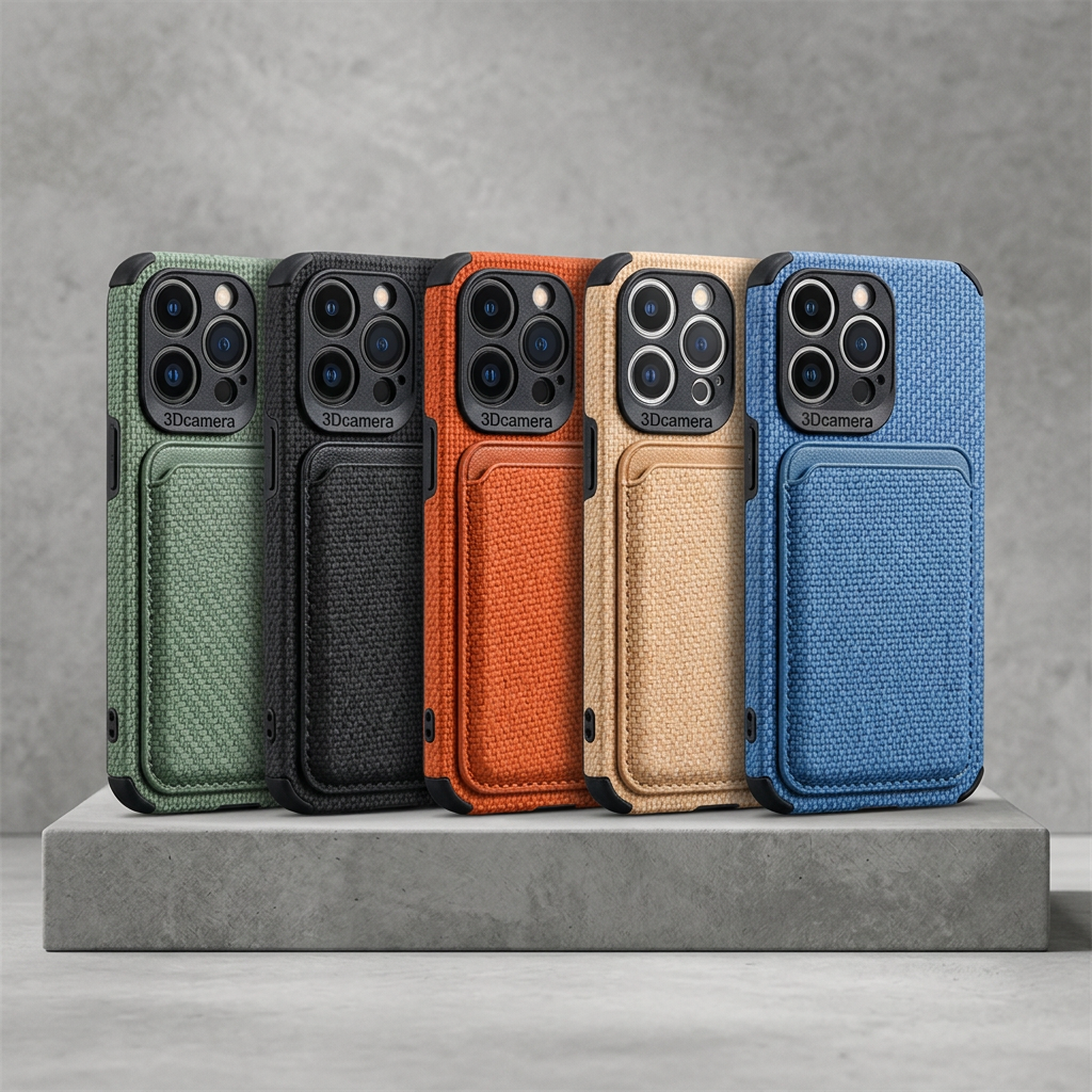 Five cases in green, black, orange, beige and blue, lined up on a concrete block 2