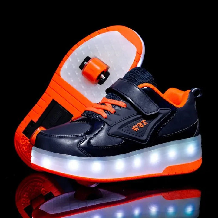 Children's roller skates with LED lights and removable wheels.