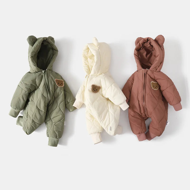Hooded baby snowsuit with bear motif – cosy & warm for winter