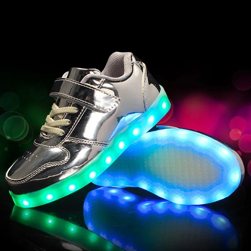 Children's LED sneakers with a colour-changing light effect when walking.