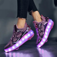 Children's roller skates with LED lights and removable wheels.
