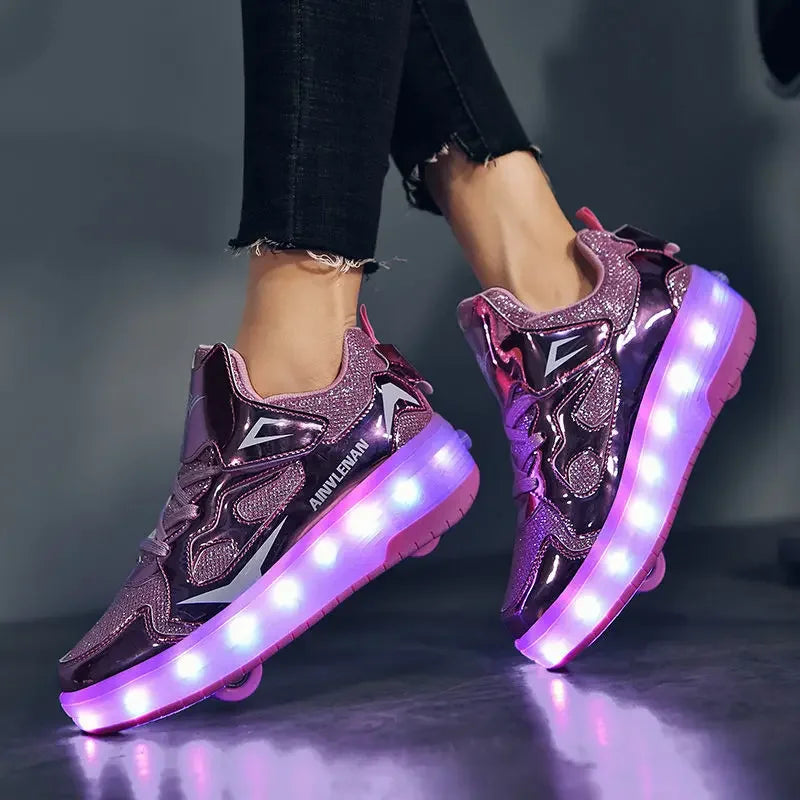 Children's roller skates with LED lights and removable wheels.
