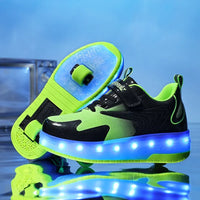 Children's roller skates with LED lights and removable wheels.