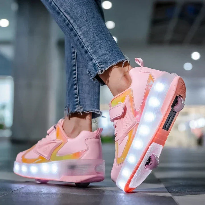 Children's roller skates with LED lights and removable wheels.