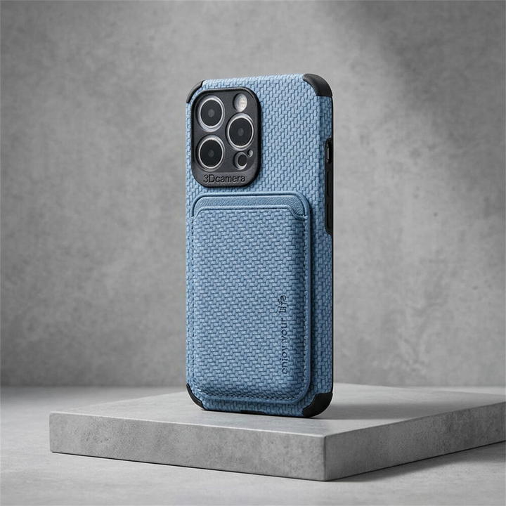 Blue woven-textured phone case with card holder, shown at an angle on a grey slab 5
