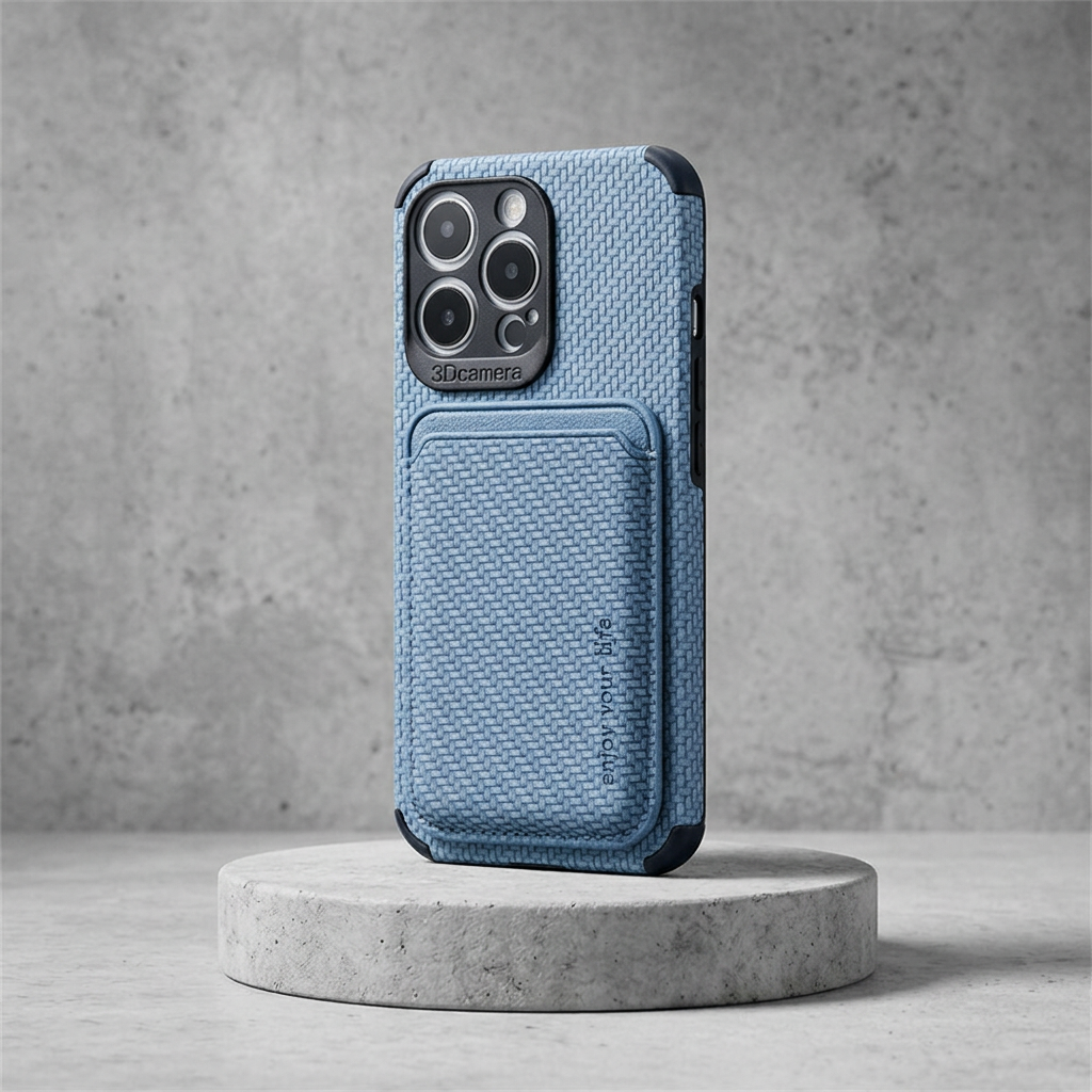 Blue woven-texture case with card pocket on the back, shown upright on a round concrete plinth 4