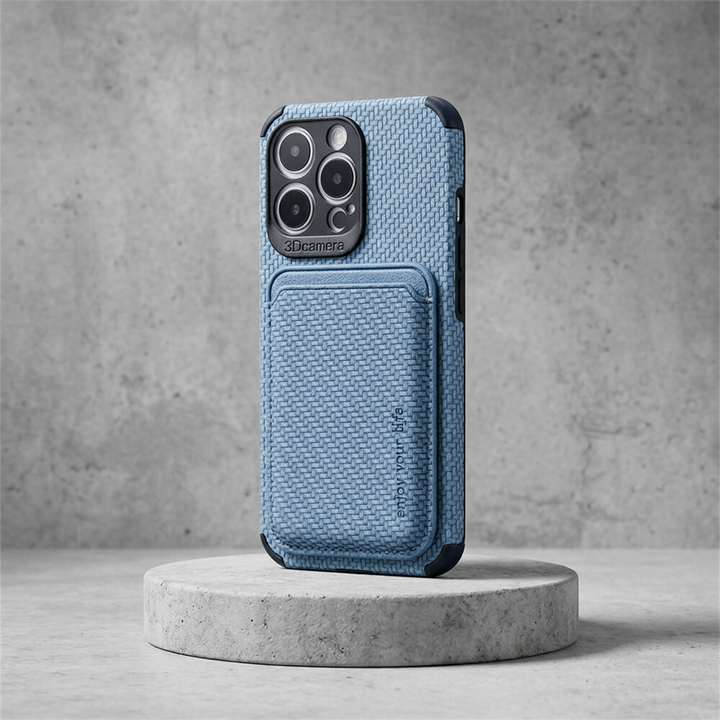 Blue woven-texture case with card pocket on the back, shown upright on a round concrete plinth 4