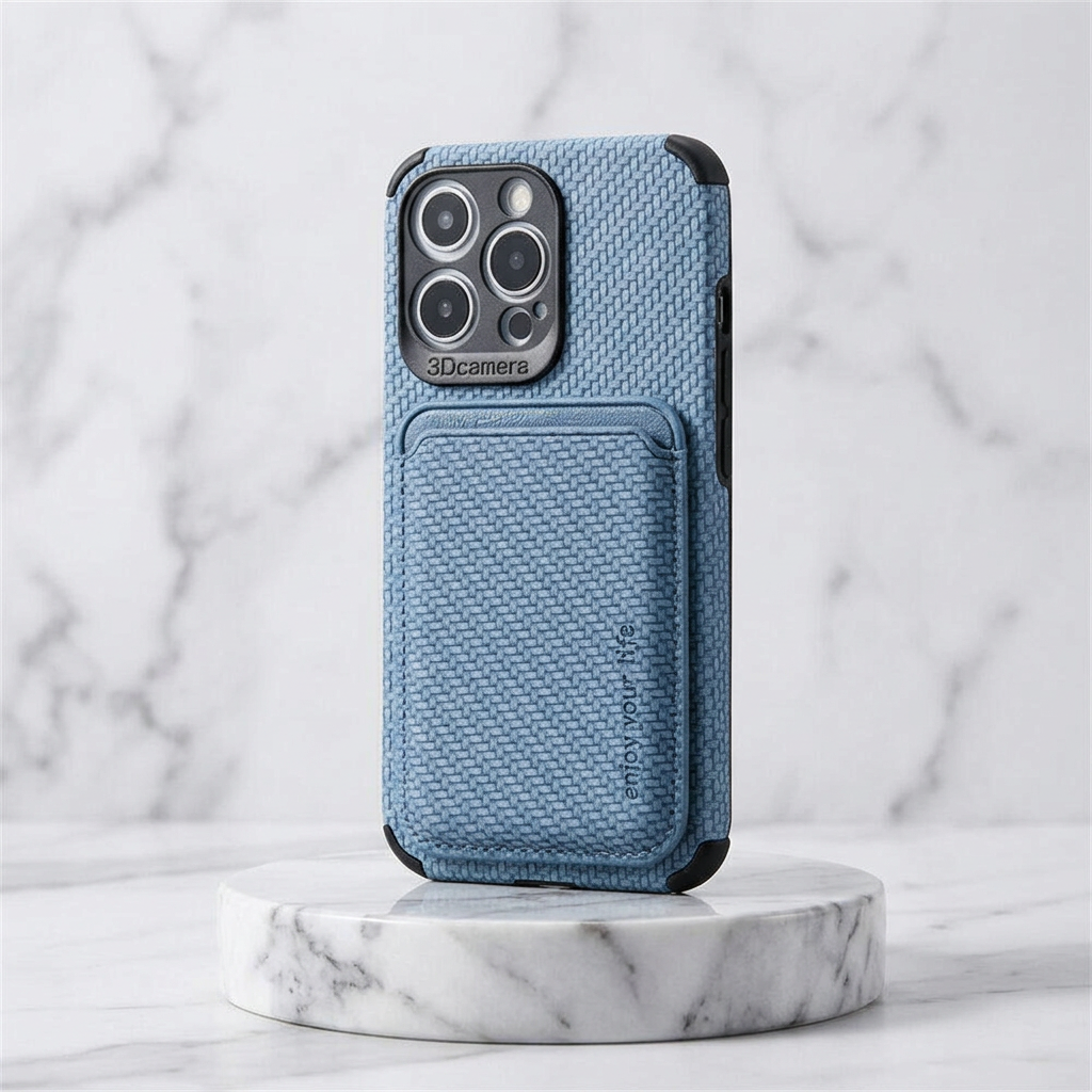 Blue woven-texture case with card holder standing upright on a round marble stand 5