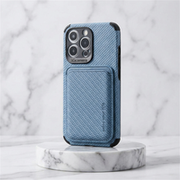 Blue woven-texture case with card holder standing upright on a round marble stand 5