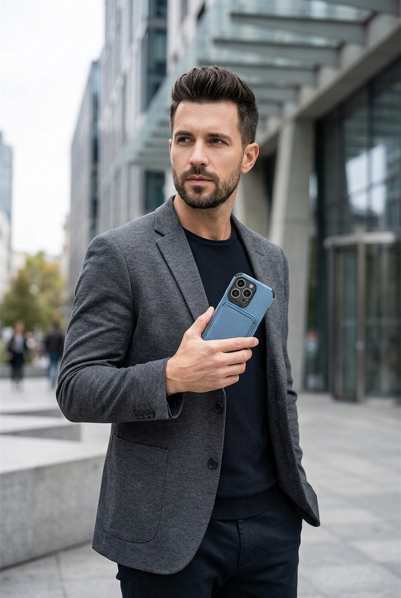 Man in a grey blazer holding a blue textured wallet case on his phone in the city 1