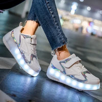 Children's roller skates with LED lights and removable wheels.