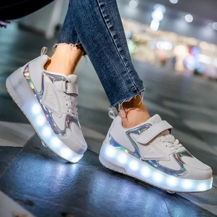Children's roller skates with LED lights and removable wheels.