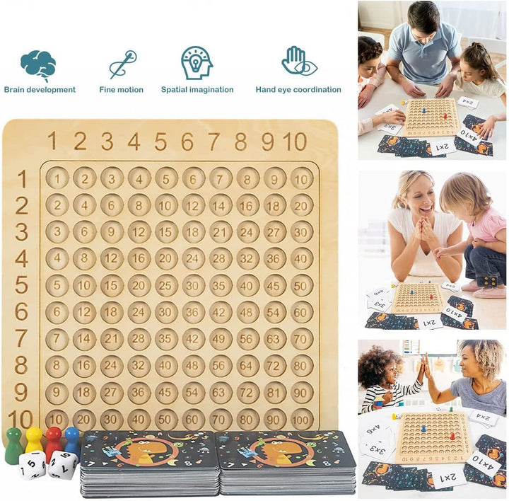 Learning game: wooden board for the 1–10 times tables with cards and dice