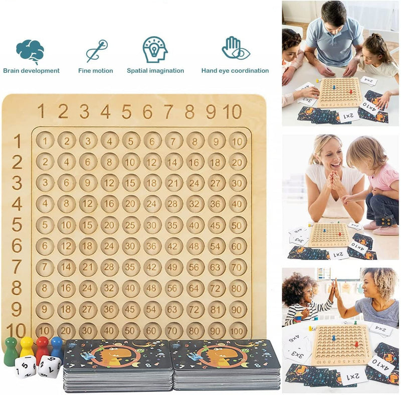 Learning game: wooden board for the 1–10 times tables with cards and dice
