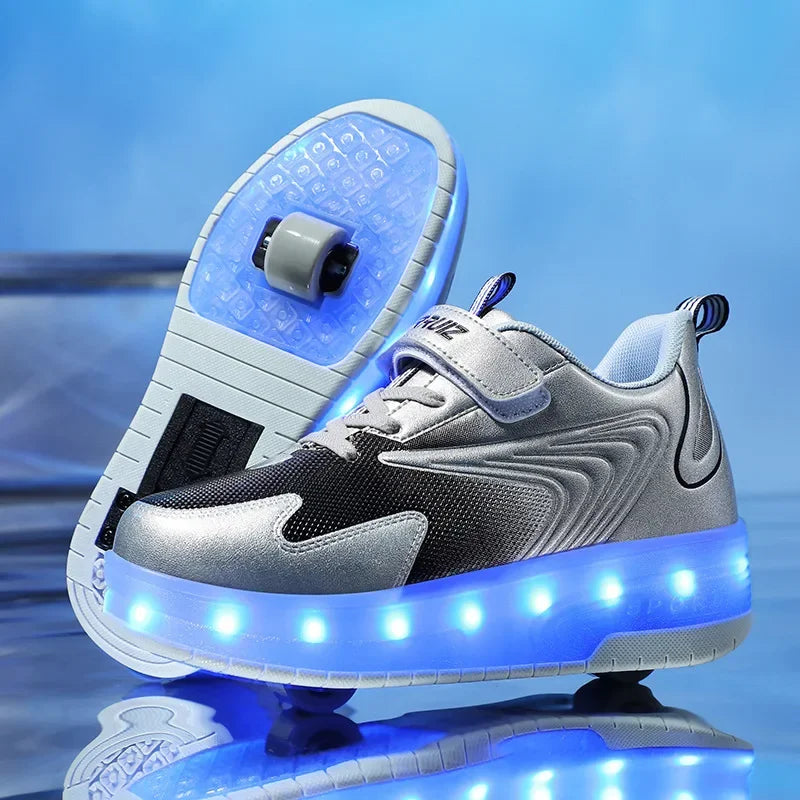 Children's roller skates with LED lights and removable wheels.