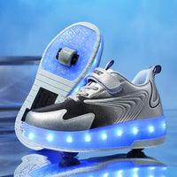 Children's roller skates with LED lights and removable wheels.