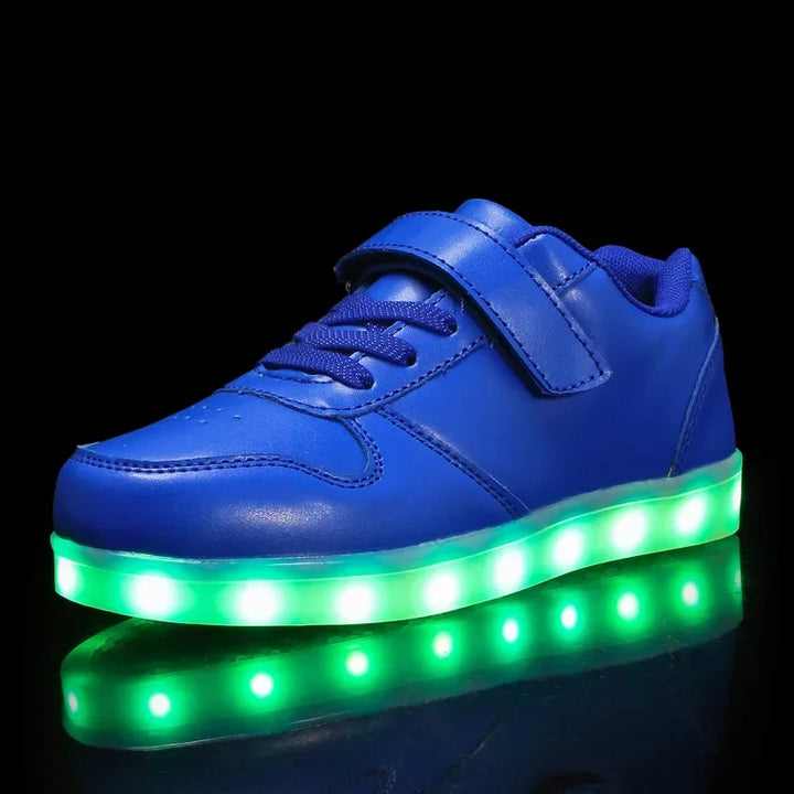 Children's LED sneakers with a colour-changing light effect when walking.