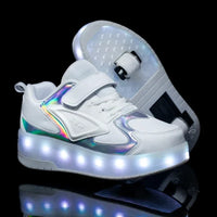 Children's roller skates with LED lights and removable wheels.