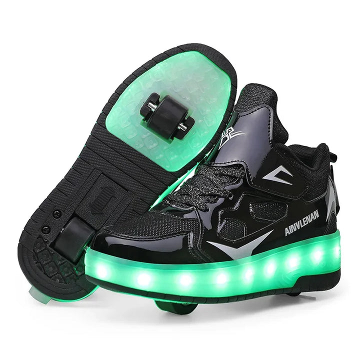 Children's roller skates with LED lights and removable wheels.