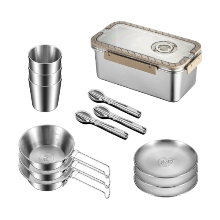 Camping Messware Kit Stainless Steel Dinnerware with Storage Box – CampSet