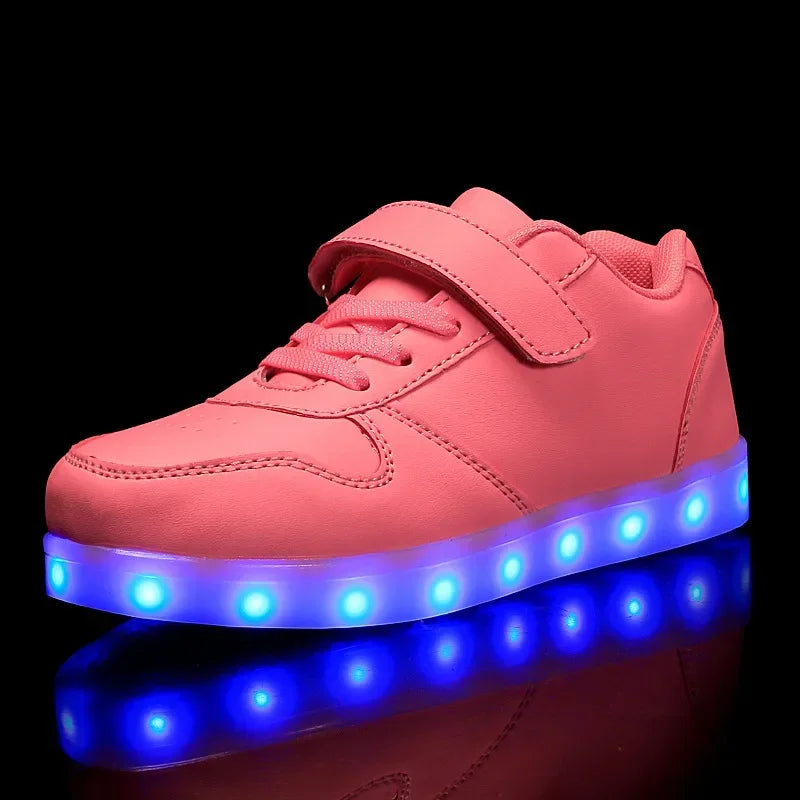 Children's LED sneakers with a colour-changing light effect when walking.