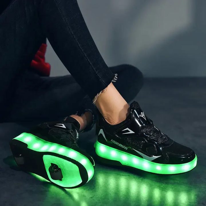 Children's roller skates with LED lights and removable wheels.