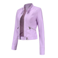 Three-quarter side view of the light lilac jacket, unzipped, with diagonal zip pocket and popper hem strap 6