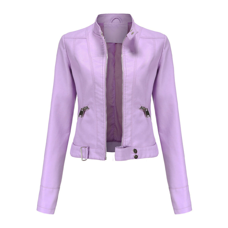 Front view of the light lilac cropped jacket, unzipped, with stand collar, zip pockets and waist strap 3