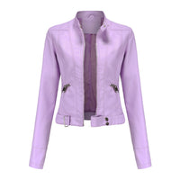 Light lilac jacket seen from the front, unzipped, with silver zips, snap collar and buckled hem 4