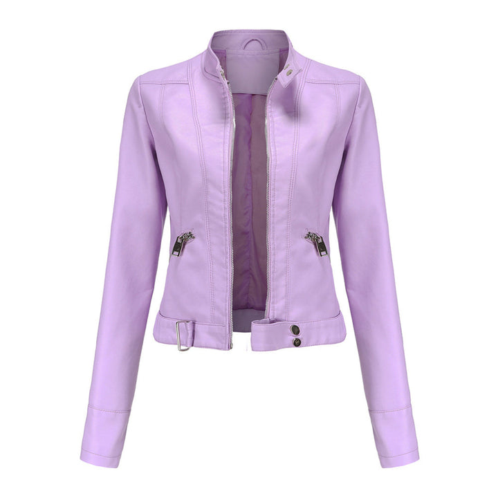 Light lilac jacket seen from the front, unzipped, with silver zips, snap collar and buckled hem 4
