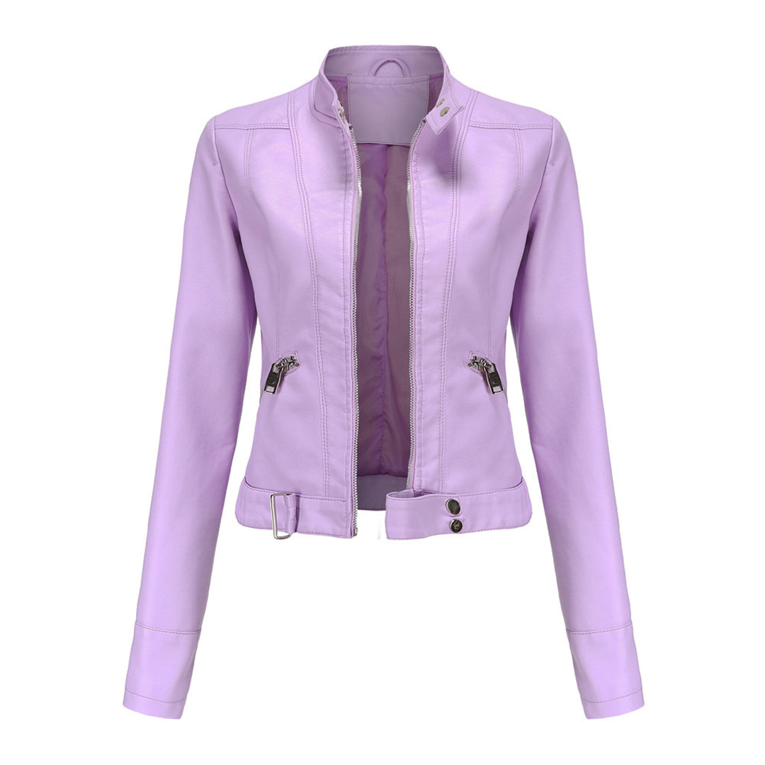 Front view of the cropped jacket in light lilac, unzipped, showing stand collar, zipped pockets and belted hem 1