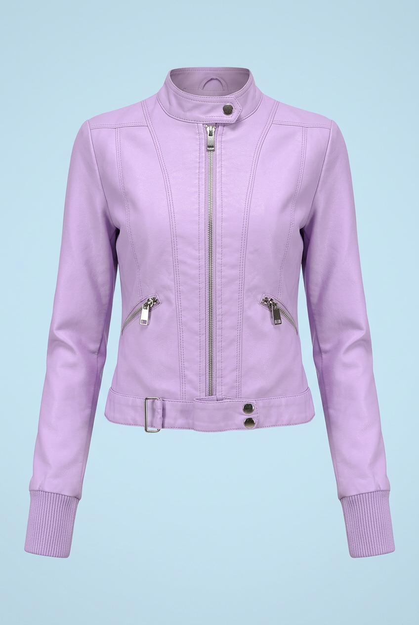 Lilac cropped jacket zipped up, front view, with ribbed cuffs, zip pockets and belted hem 4