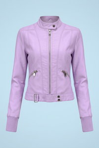 Lilac cropped jacket zipped up, front view, with ribbed cuffs, zip pockets and belted hem 4