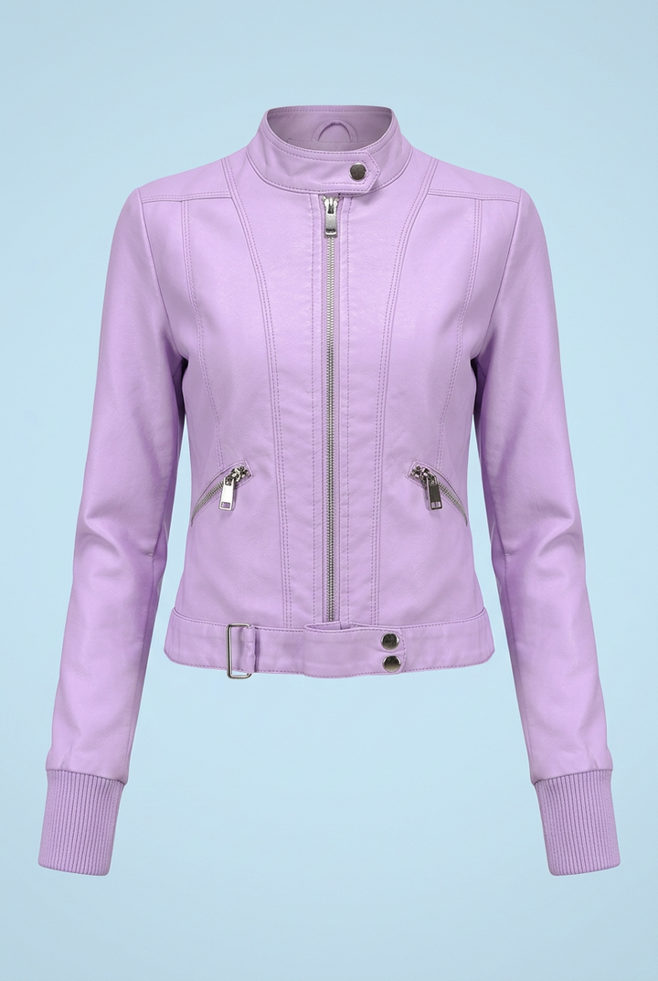 Lilac cropped jacket zipped up, front view, with ribbed cuffs, zip pockets and belted hem 4