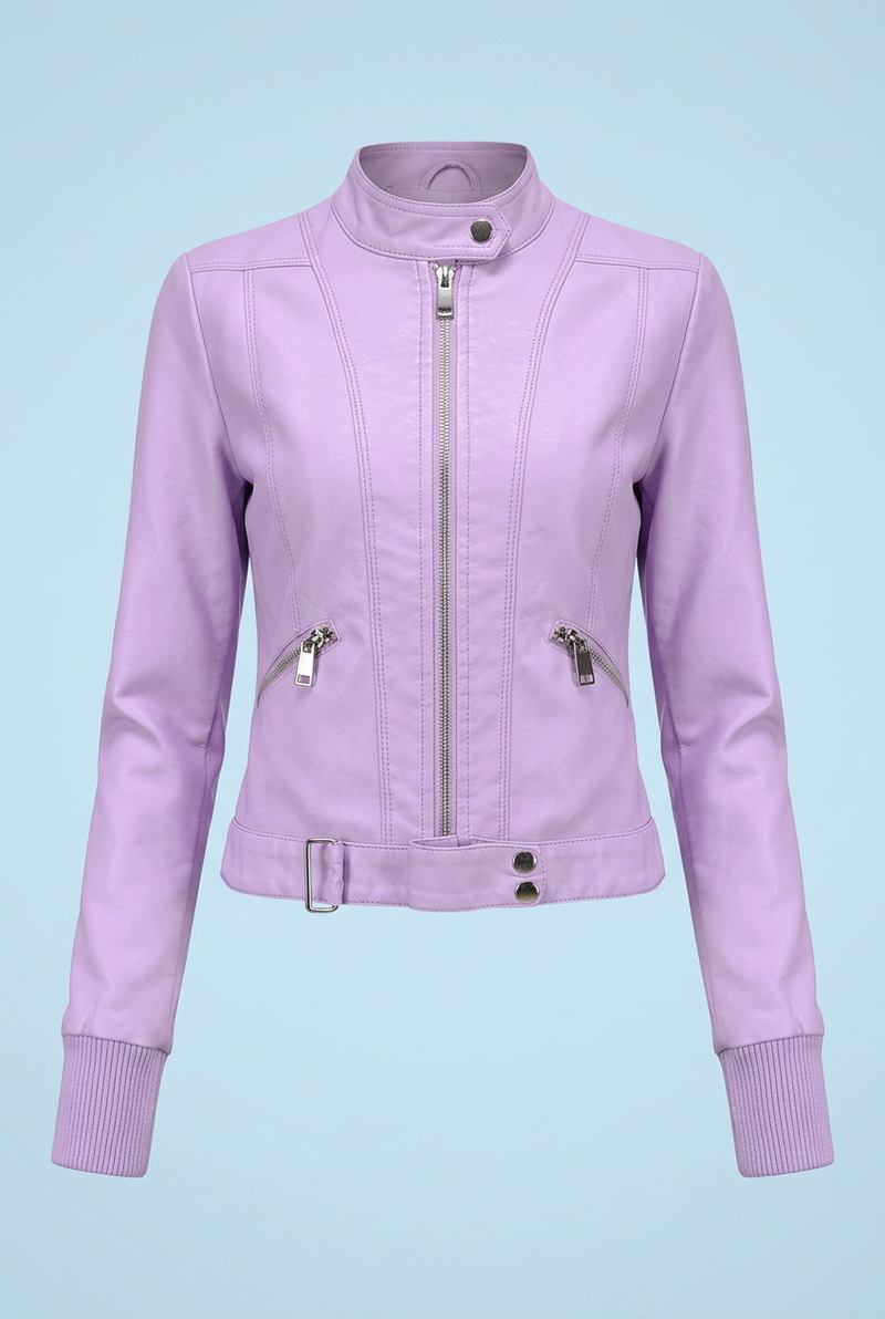 Lilac cropped jacket zipped up, front view, with ribbed cuffs, zip pockets and belted hem 4