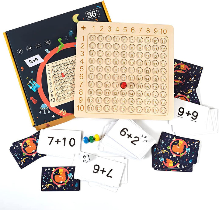Learning game: wooden board for the 1–10 times tables with cards and dice