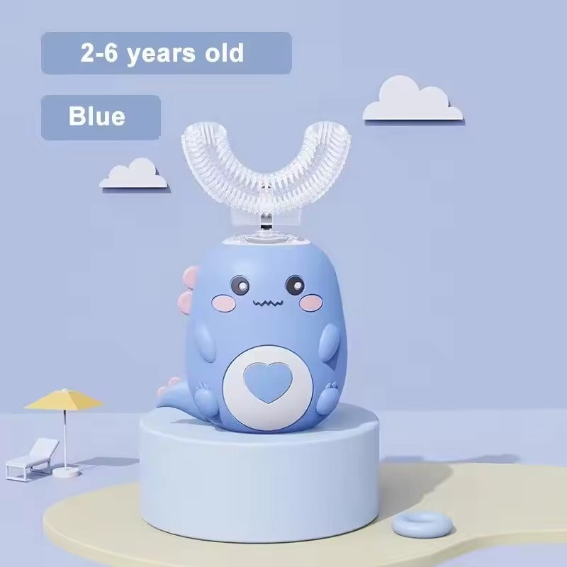 U-shaped children's toothbrush with sonic cleaning and a silicone brush head.