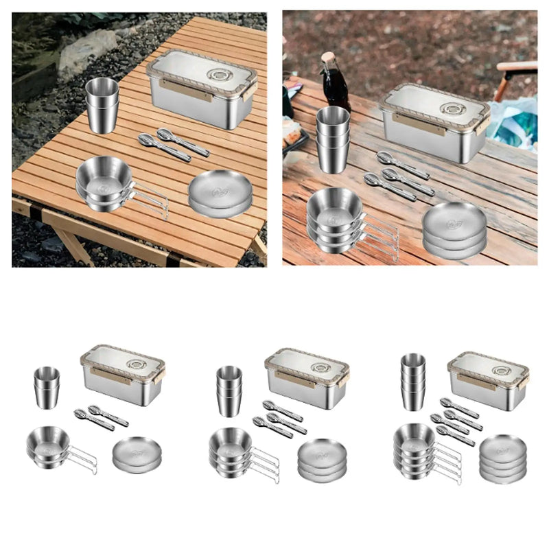 Camping Messware Kit Stainless Steel Dinnerware with Storage Box – CampSet