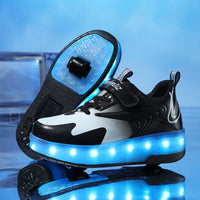 Children's roller skates with LED lights and removable wheels.