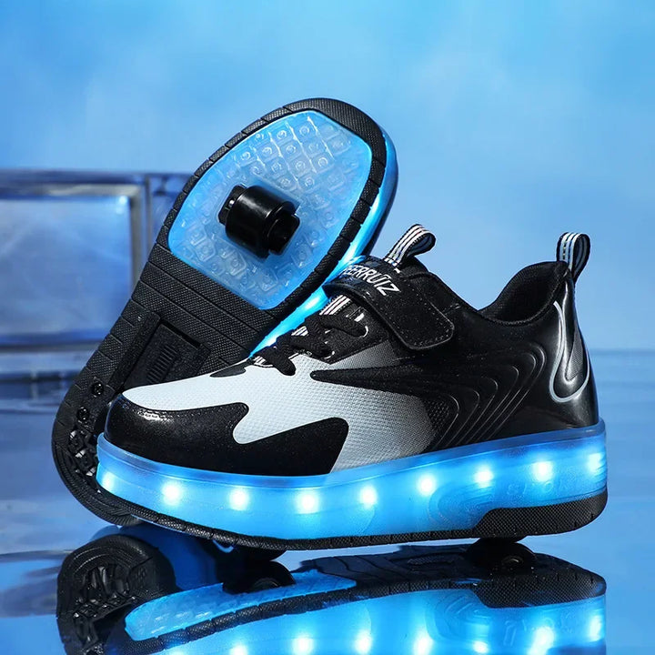 Children's roller skates with LED lights and removable wheels.