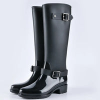 Women's waterproof knee-high rain boots with buckles & block heels – Elenya