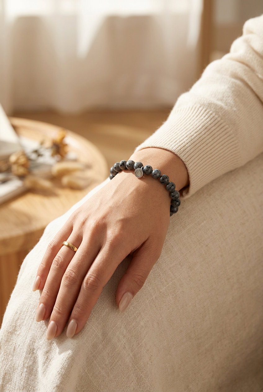 Grey speckled bead bracelet with a small silver charm, worn on a wrist resting on a cream linen lap 1
