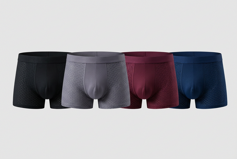 Four mesh boxer shorts laid side by side in black, grey, burgundy and navy 4