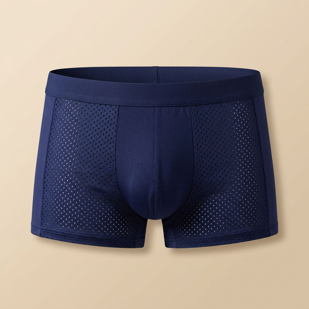 Front view of navy boxer shorts with perforated mesh side panels and a smooth centre pouch 6