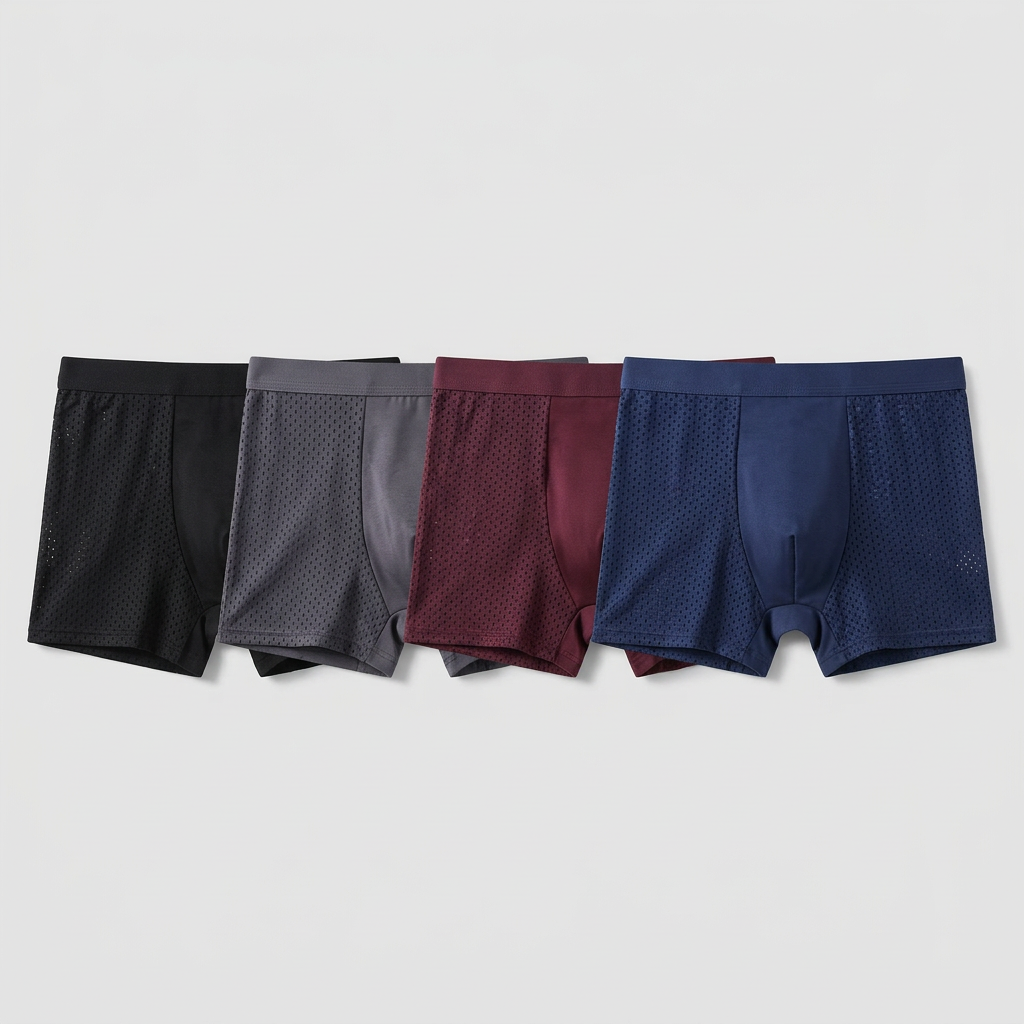 Flat lay of four mesh-panelled boxer shorts in black, grey, burgundy and navy blue 3